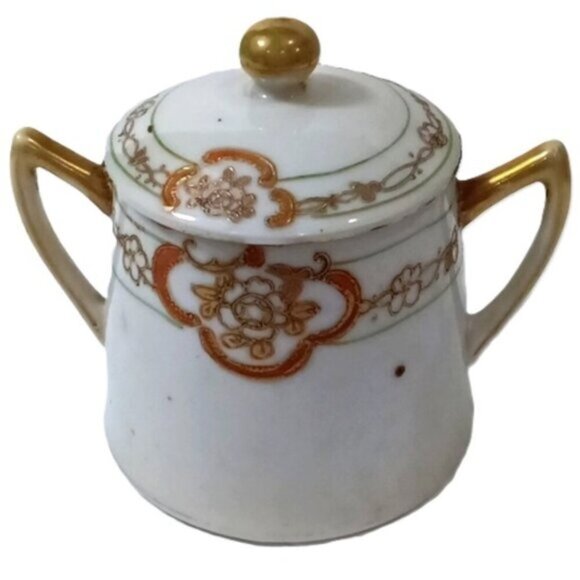 Antique Nippon Porcelain Hand Painted Condiment Pot w/ Lid Orange & Gold Decor - Picture 1 of 10